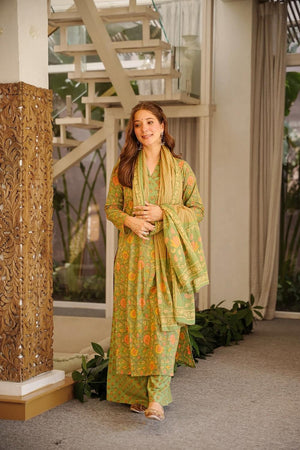 Green Floral Printed Cotton Kurti Pant Set (ACA7317)