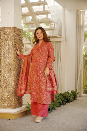 Rust Floral Printed Cotton Kurti Palazzo Set (ACA7318)