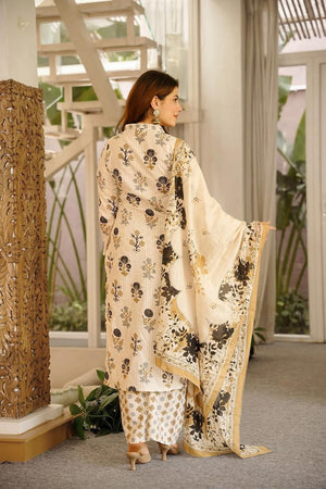 Off White Floral Printed Cotton Kurti Pant Set (ACA7319)