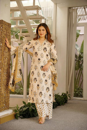 Off White Floral Printed Cotton Kurti Pant Set (ACA7319)