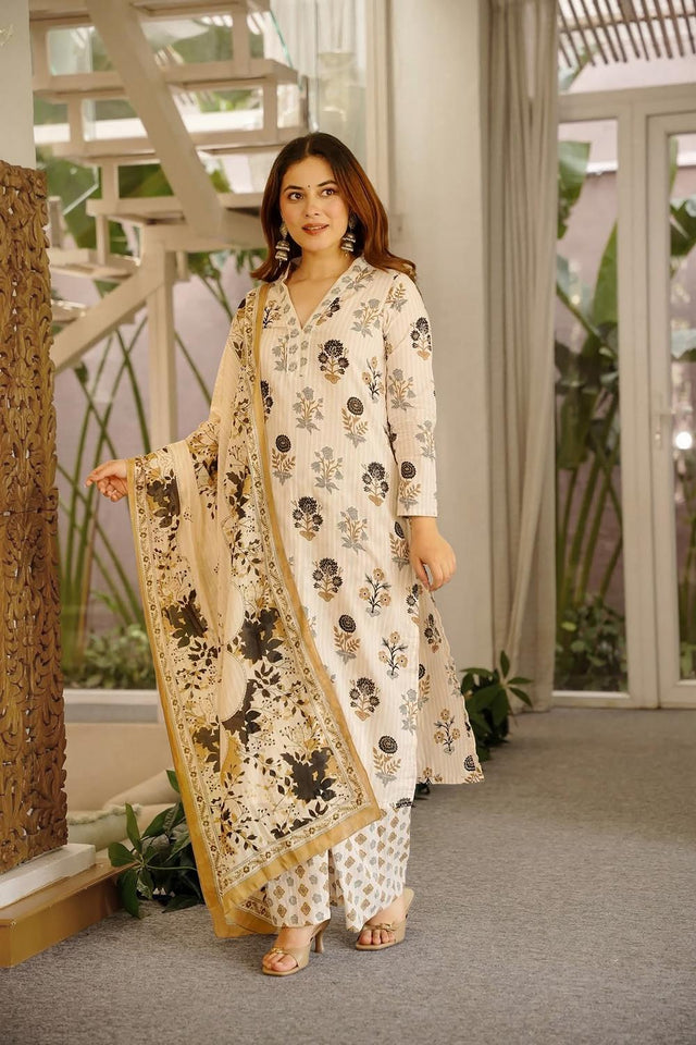 Off White Floral Printed Cotton Kurti Pant Set (ACA7319)