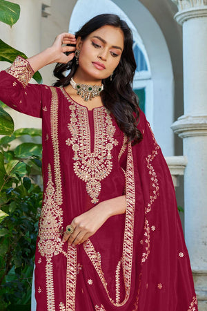 Free Size Stitched Maroon Sequin with Embroidered Chinon Palazzo Suit (ACA7320)