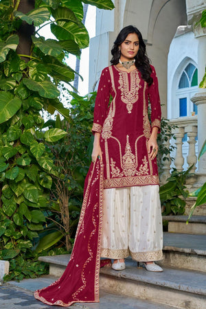 Free Size Stitched Maroon Sequin with Embroidered Chinon Palazzo Suit (ACA7320)