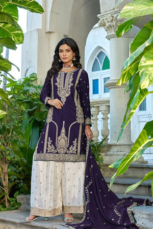 Free Size Stitched Purple Sequin with Embroidered Chinon Palazzo Suit (ACA7321)