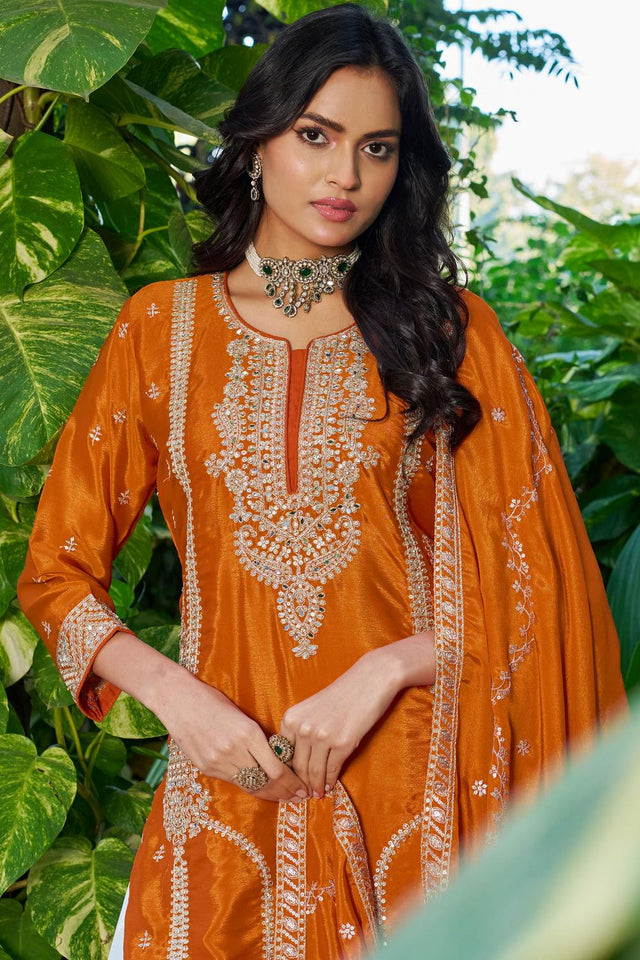 Free Size Stitched Orange Sequin with Embroidered Chinon Palazzo Suit (ACA7322)