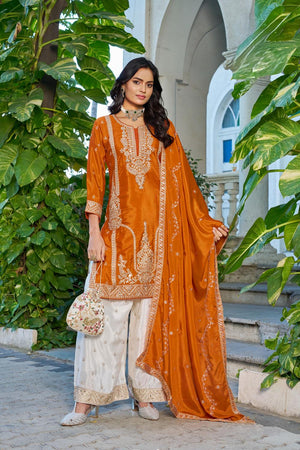 Free Size Stitched Orange Sequin with Embroidered Chinon Palazzo Suit (ACA7322)