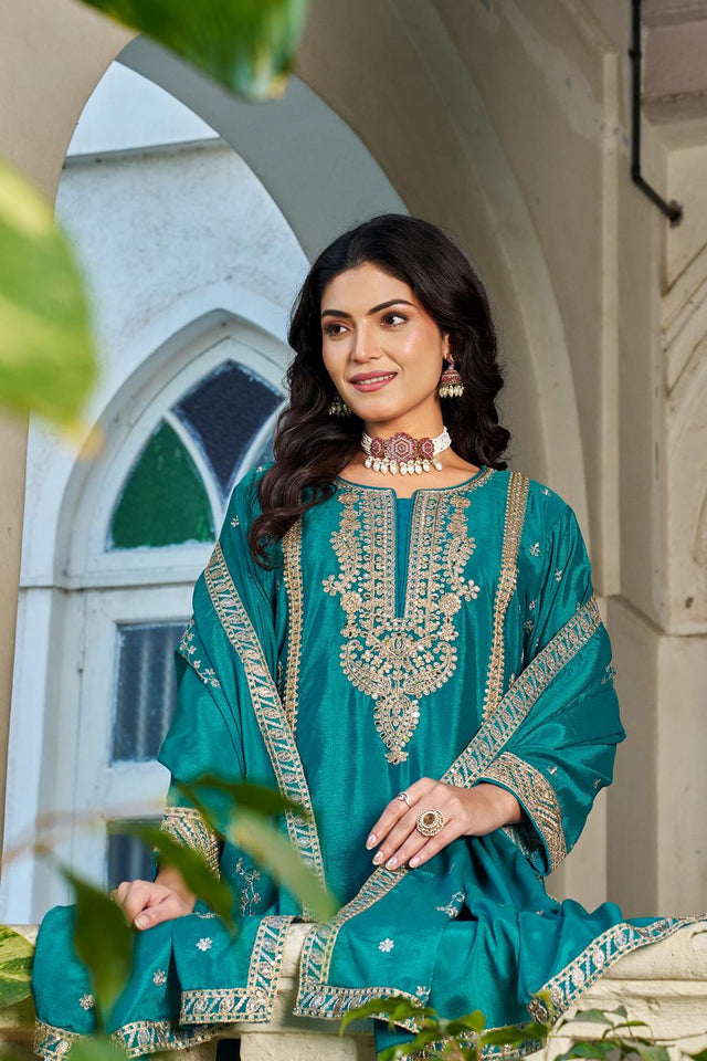 Free Size Stitched Turquoise Sequin with Embroidered Chinon Palazzo Suit (ACA7323)