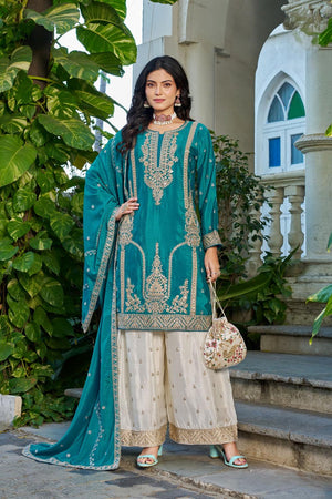 Free Size Stitched Turquoise Sequin with Embroidered Chinon Palazzo Suit (ACA7323)
