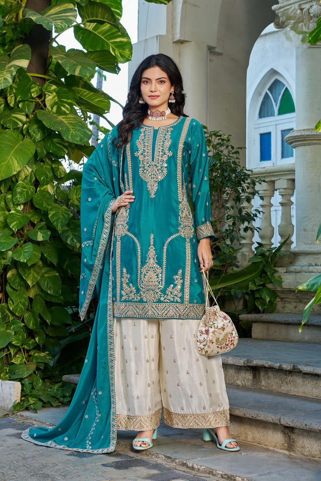 Free Size Stitched Turquoise Sequin with Embroidered Chinon Palazzo Suit (ACA7323)