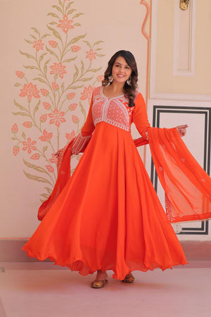 Orange Floral Embroidered Georgette Anarkali Suit (ACA7324)