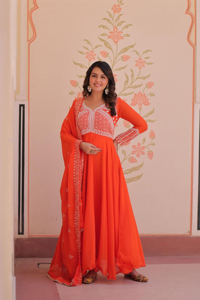 Orange Floral Embroidered Georgette Anarkali Suit (ACA7324)