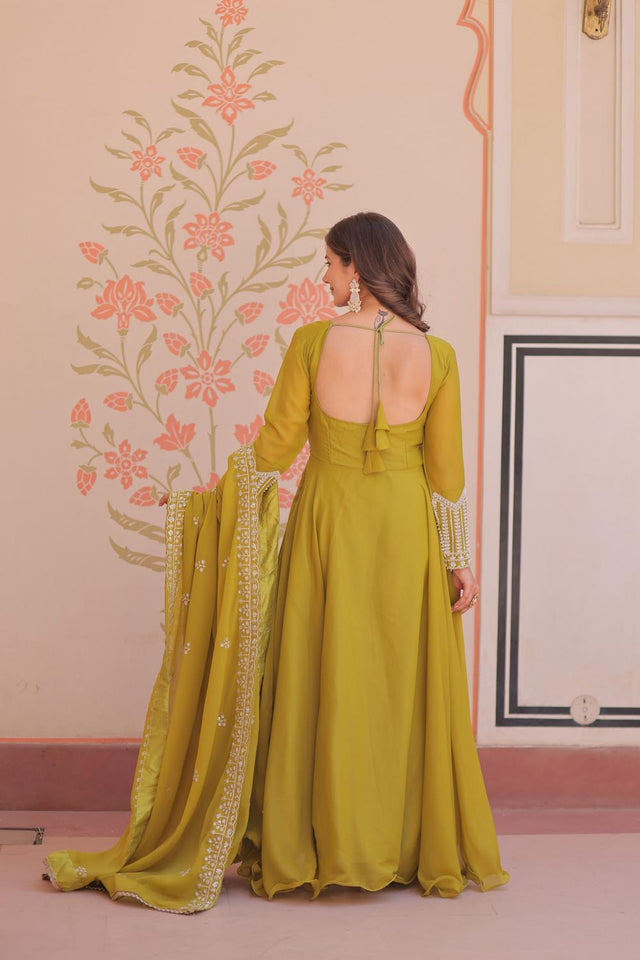 Green Floral Embroidered Georgette Anarkali Suit (ACA7325)