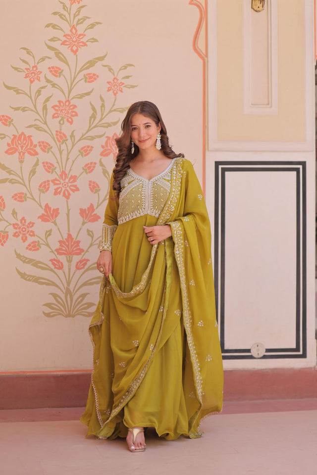 Green Floral Embroidered Georgette Anarkali Suit (ACA7325)