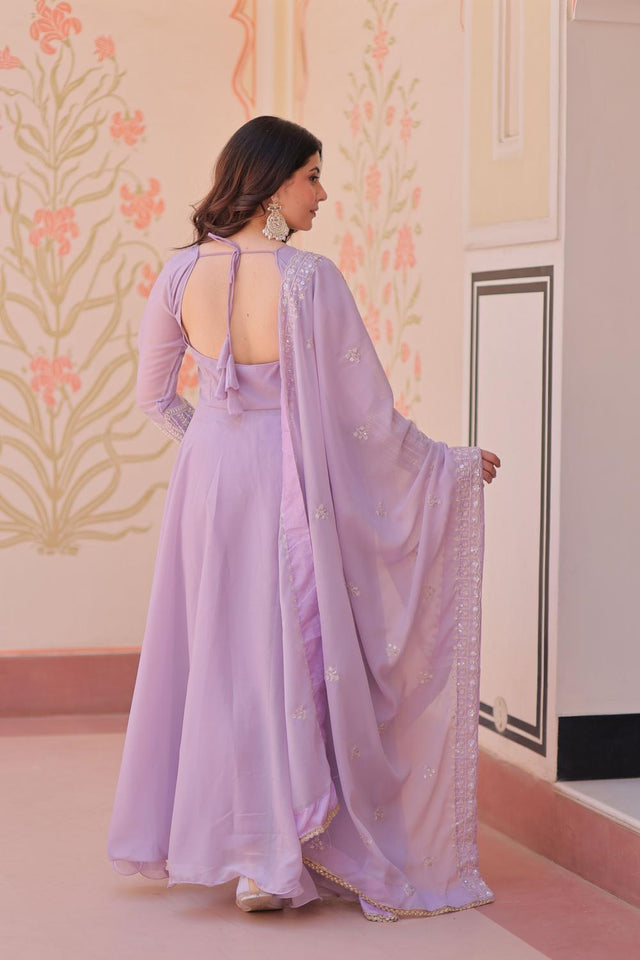 Lavender Floral Embroidered Georgette Anarkali Suit (ACA7326)