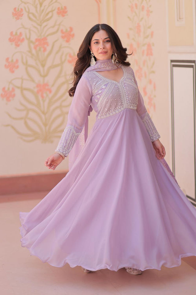 Lavender Floral Embroidered Georgette Anarkali Suit (ACA7326)