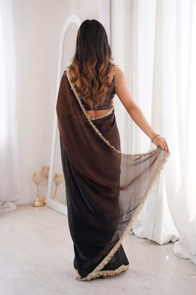 Black Solid With Zari Lace Border Satin Saree (ACA7334)