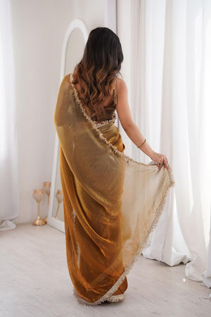 Gold Solid With Zari Lace Border Satin Saree (ACA7335)