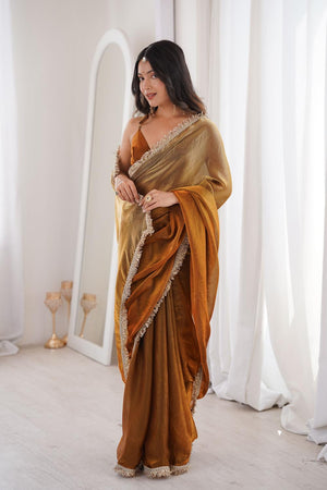 Gold Solid With Zari Lace Border Satin Saree (ACA7335)