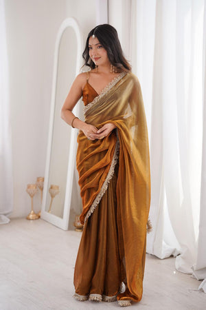 Gold Solid With Zari Lace Border Satin Saree (ACA7335)