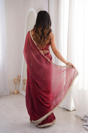 Maroon Solid With Zari Lace Border Satin Saree (ACA7336)