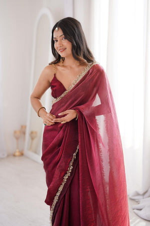 Maroon Solid With Zari Lace Border Satin Saree (ACA7336)