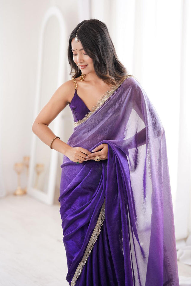 Violet Solid With Zari Lace Border Satin Saree (ACA7337)