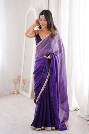 Violet Solid With Zari Lace Border Satin Saree (ACA7337)