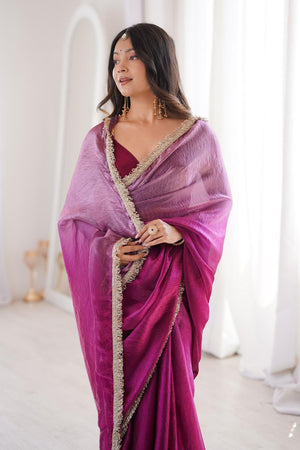 Wine Solid With Zari Lace Border Satin Saree (ACA7338)