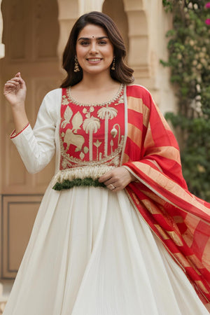 Off White Embroidered Silk Anarkali Suit (ACA7360)