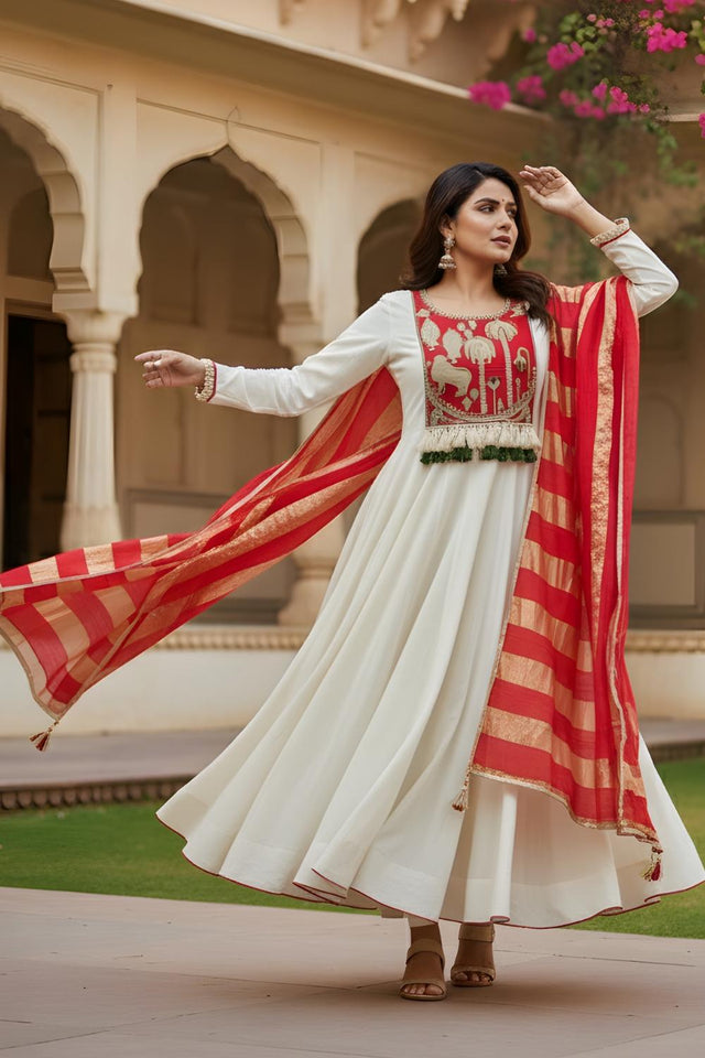 Off White Embroidered Silk Anarkali Suit (ACA7360)