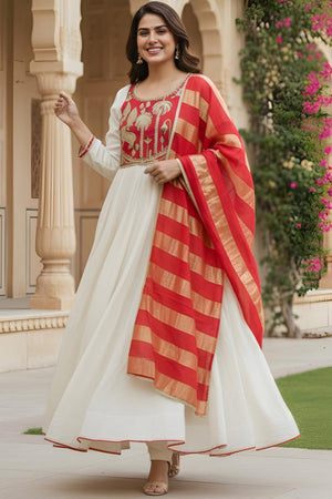 Off White Embroidered Silk Anarkali Suit (ACA7360)