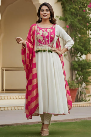 Off White Embroidered Silk Anarkali Suit (ACA7361)