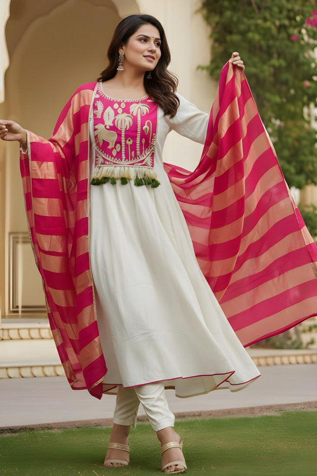 Off White Embroidered Silk Anarkali Suit (ACA7361)