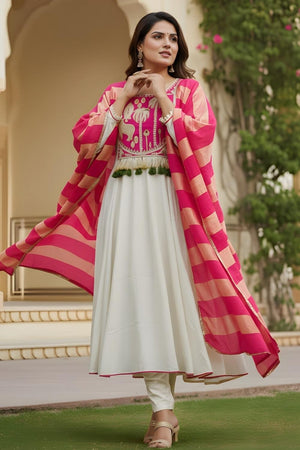 Off White Embroidered Silk Anarkali Suit (ACA7361)