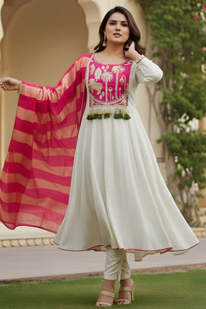 Off White Embroidered Silk Anarkali Suit (ACA7361)