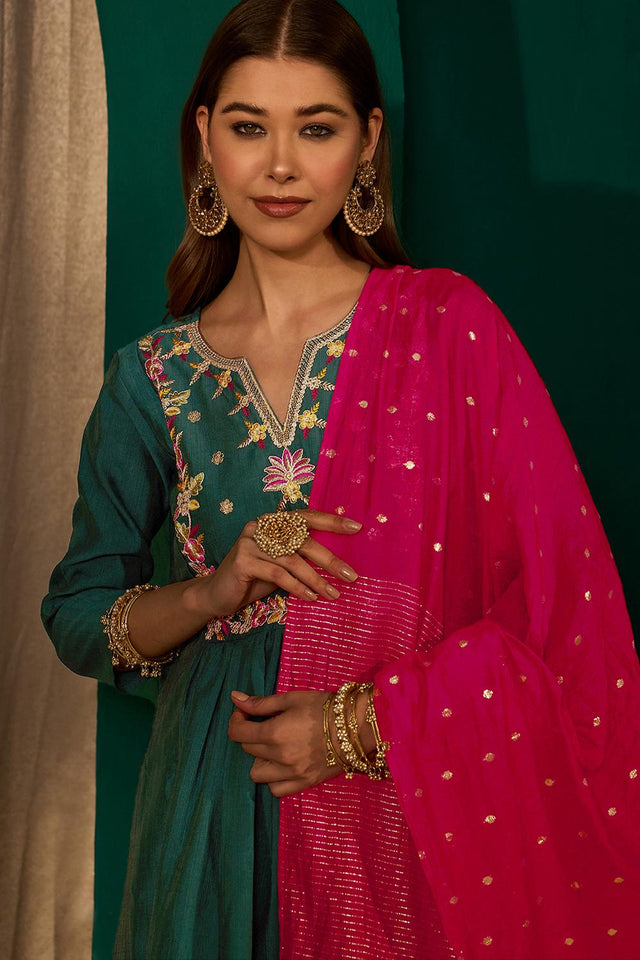 Green Floral Embroidered Silk Anarkali Suit (ACA7362)