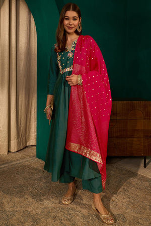 Green Floral Embroidered Silk Anarkali Suit (ACA7362)