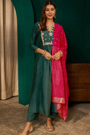 Green Floral Embroidered Silk Anarkali Suit (ACA7362)