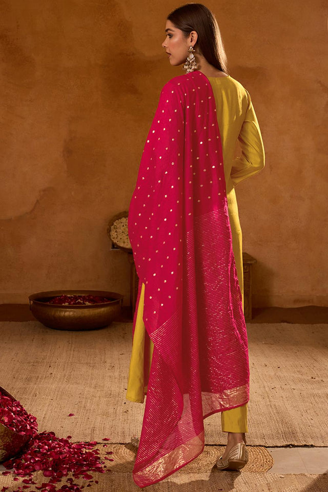 Mustard Floral Embroidered Silk Anarkali Suit (ACA7363)