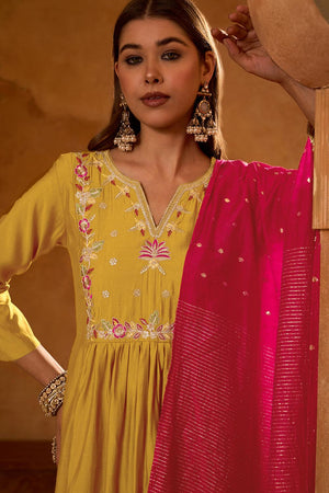 Mustard Floral Embroidered Silk Anarkali Suit (ACA7363)
