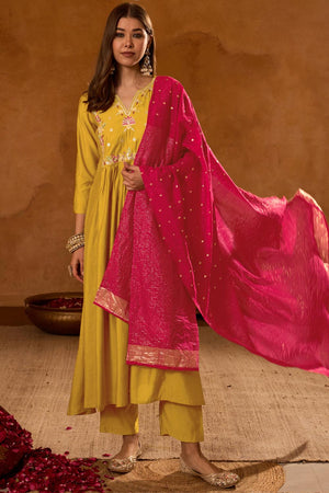 Mustard Floral Embroidered Silk Anarkali Suit (ACA7363)