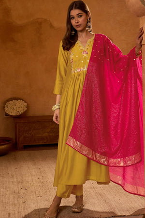 Mustard Floral Embroidered Silk Anarkali Suit (ACA7363)