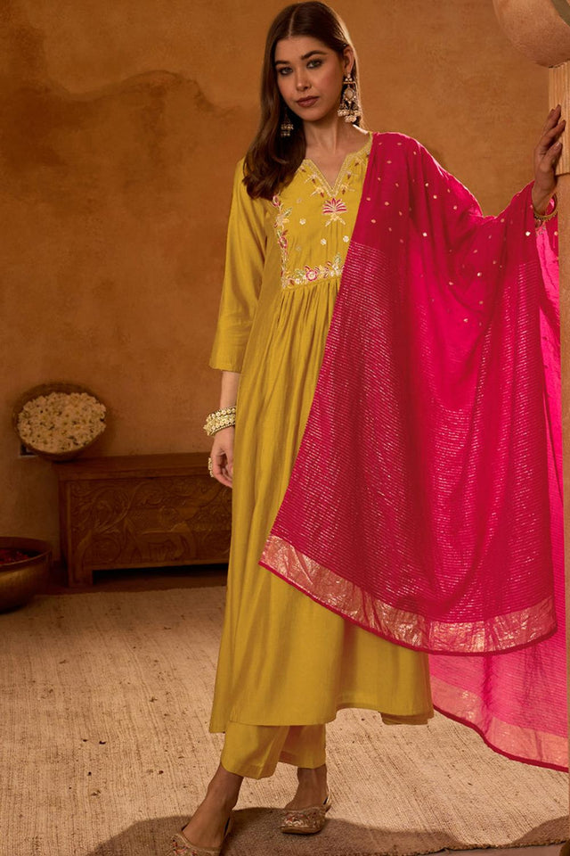 Mustard Floral Embroidered Silk Anarkali Suit (ACA7363)