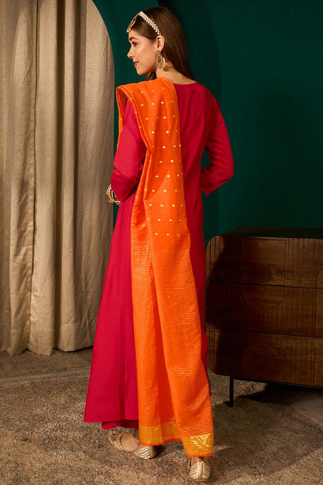 Red Floral Embroidered Silk Anarkali Suit (ACA7364)