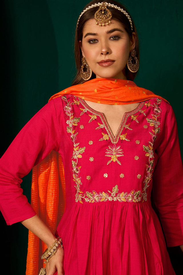 Red Floral Embroidered Silk Anarkali Suit (ACA7364)