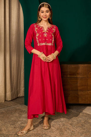Red Floral Embroidered Silk Anarkali Suit (ACA7364)