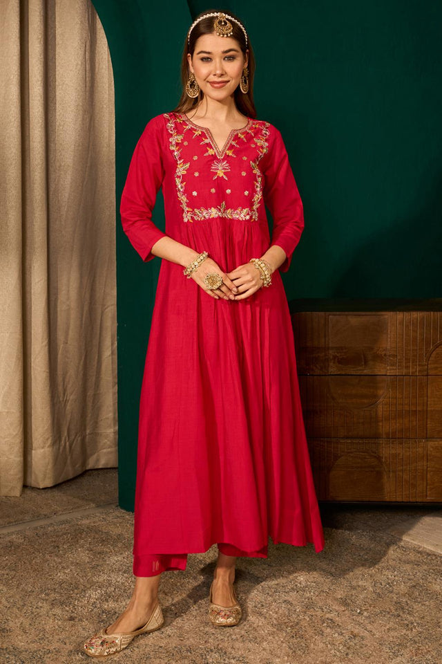 Red Floral Embroidered Silk Anarkali Suit (ACA7364)