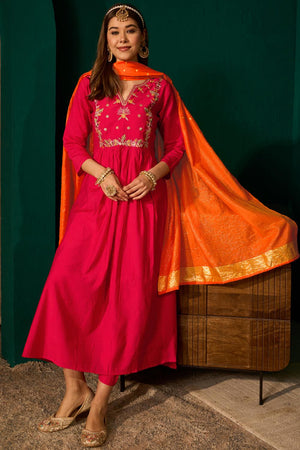 Red Floral Embroidered Silk Anarkali Suit (ACA7364)