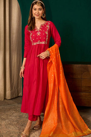 Red Floral Embroidered Silk Anarkali Suit (ACA7364)