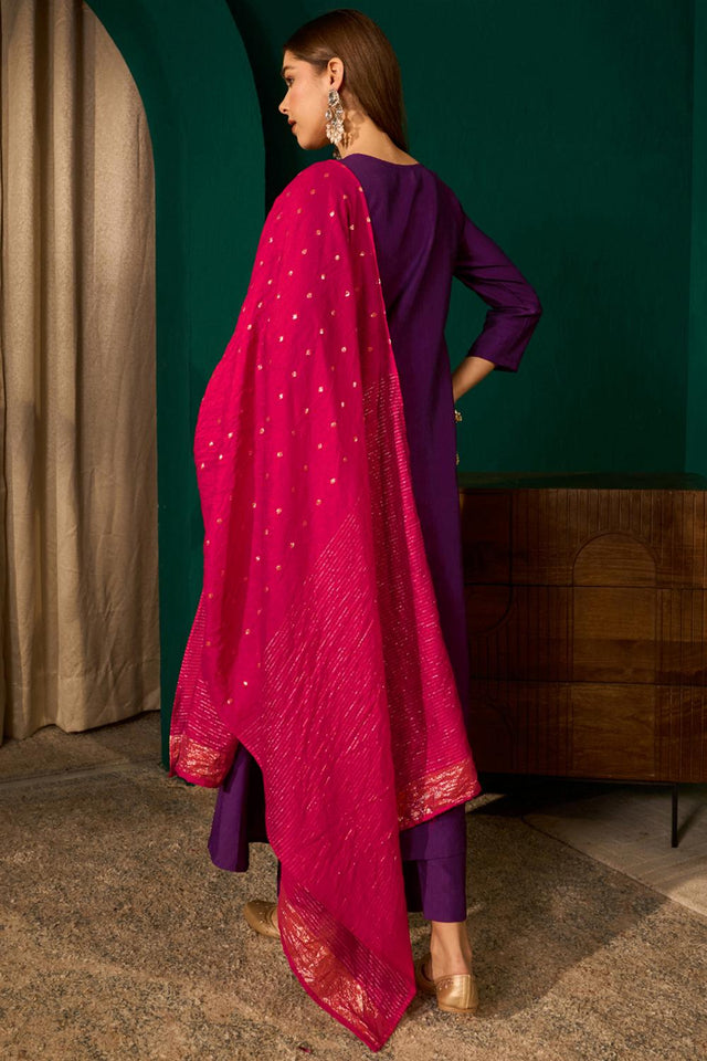 Violet Floral Embroidered Silk Anarkali Suit (ACA7365)